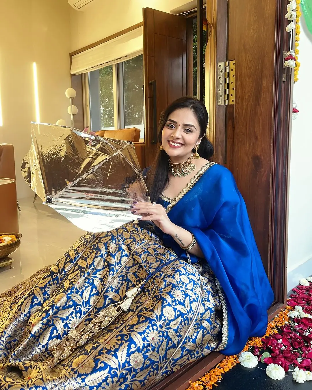 Indian TV Actress Sreemukhi in Traditional Blue Lehenga Choli